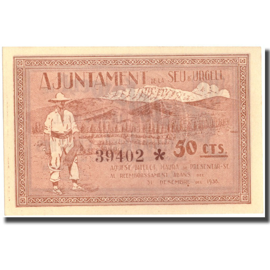 Banknote, Spain, 50 Centimos, URGELL, personnage, 1937, 1937, UNC(65-70)