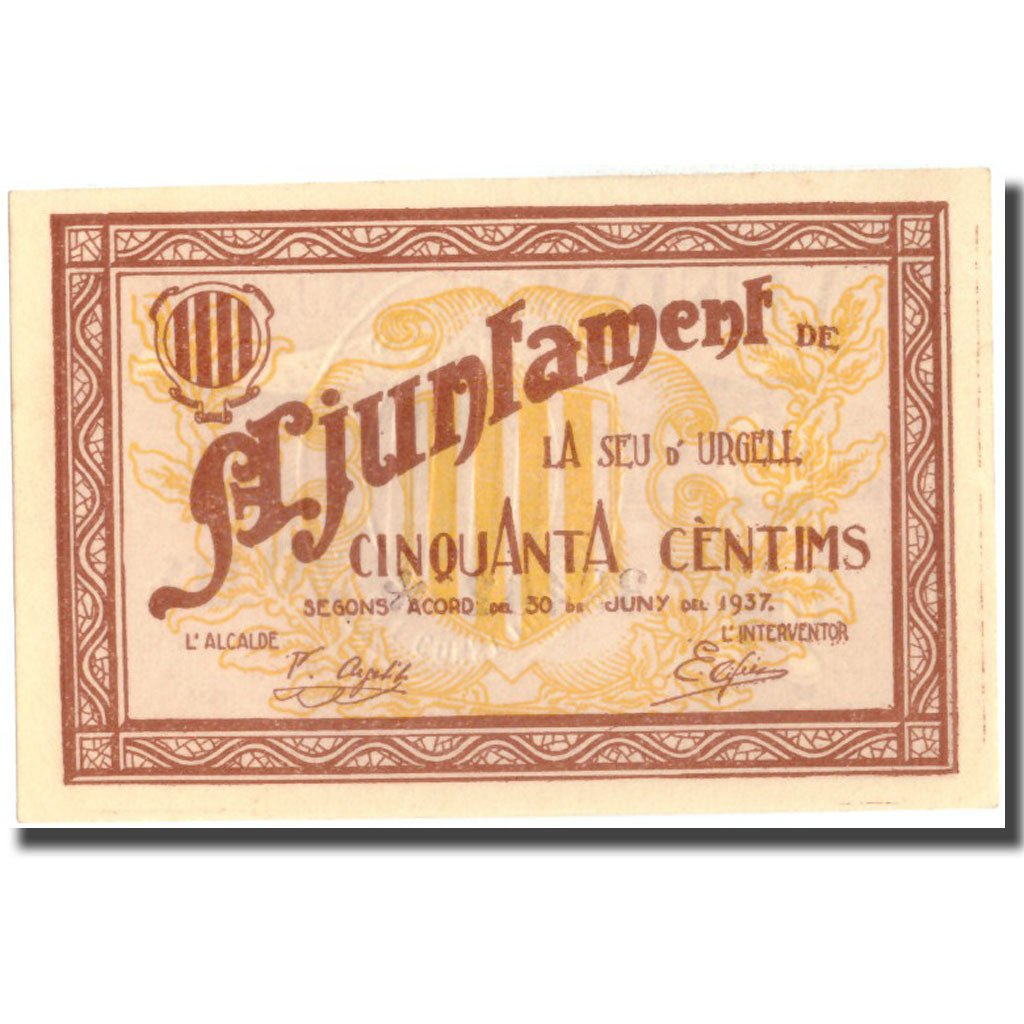 Banknote, Spain, 50 Centimos, URGELL, personnage, 1937, 1937, UNC(65-70)