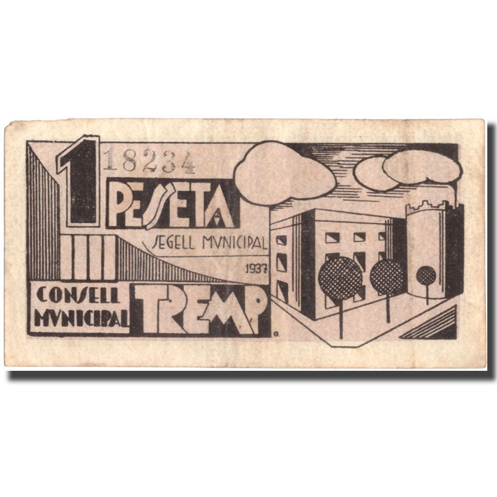 Banknote, Spain, 1 Peseta, Batiment, TREMP, 1937, 1937, EF(40-45)