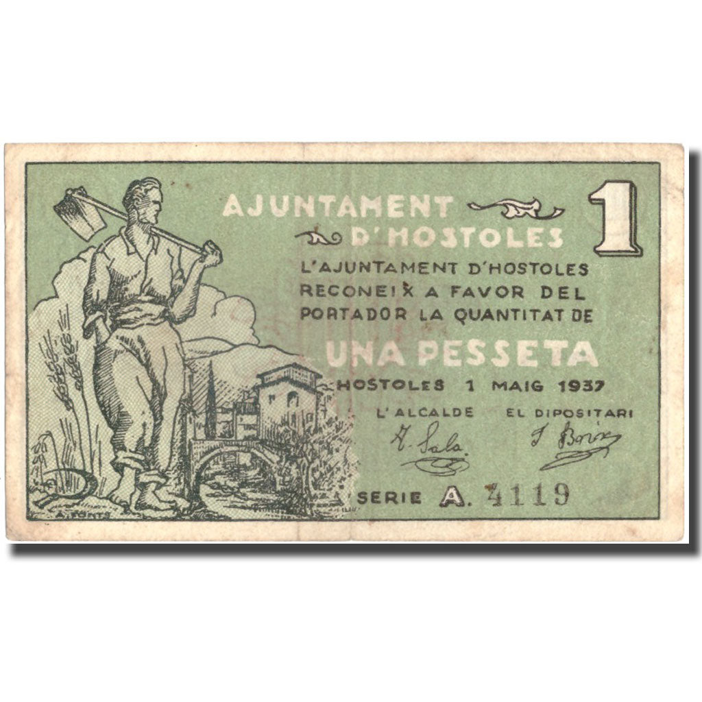 Banknote, Spain, 1 Peseta, HOSTOLES, personnage, 1937, 1937-05-01, EF(40-45)