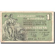 Banknote, Spain, 1 Peseta, HOSTOLES, personnage, 1937, 1937-05-01, EF(40-45)
