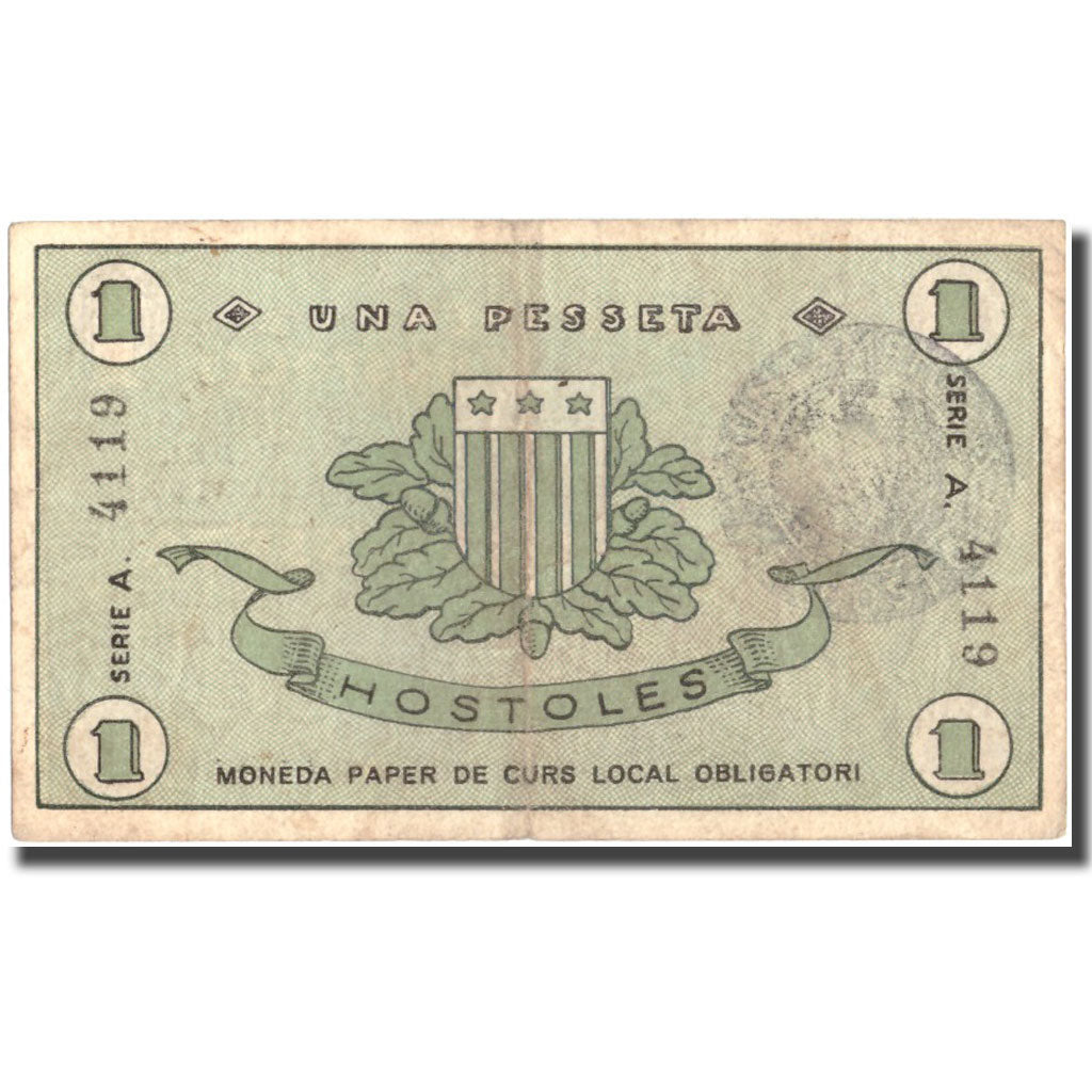 Banknote, Spain, 1 Peseta, HOSTOLES, personnage, 1937, 1937-05-01, EF(40-45)
