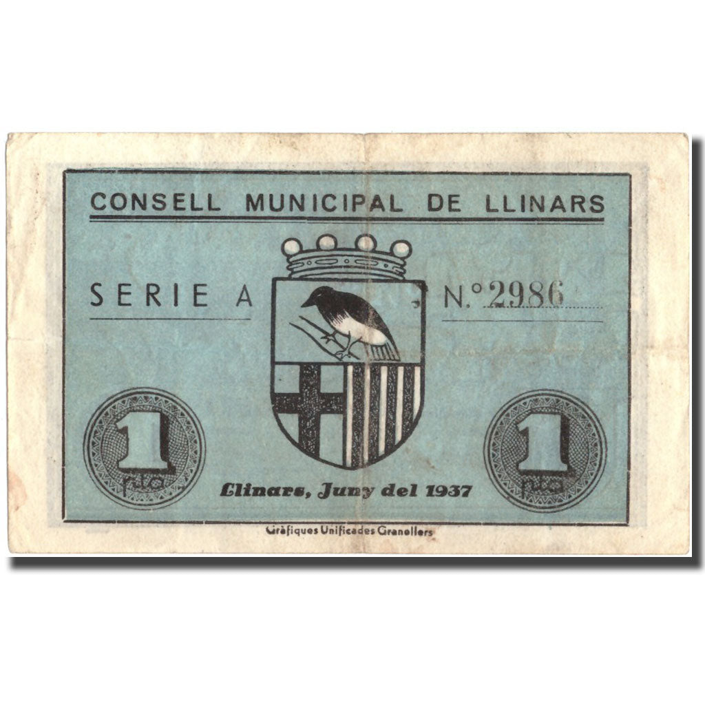 Banknote, Spain, 1 Peseta, LLINARS, métier, 1937, 1937, EF(40-45)