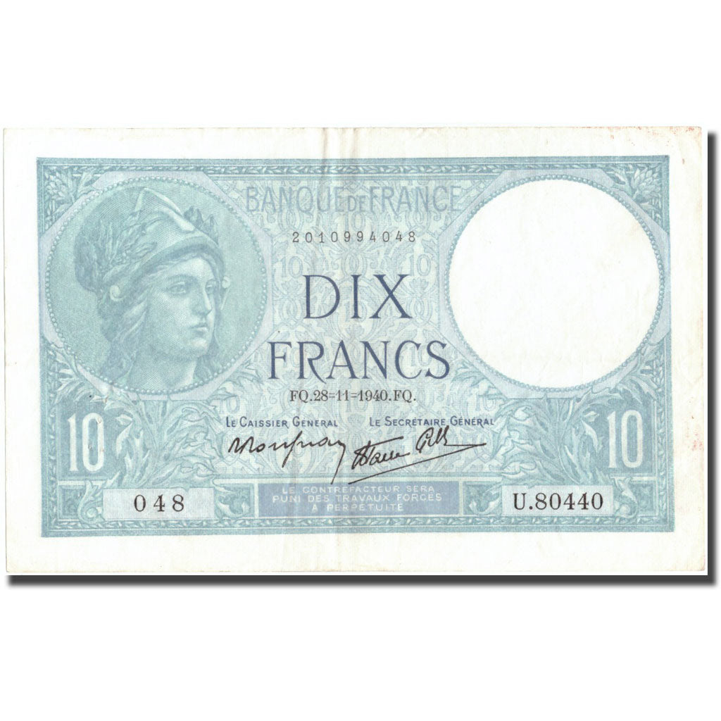 France, 10 Francs, 10 F 1916-1942 ''Minerve'', 1940, 1940-11-28, AU(50-53)