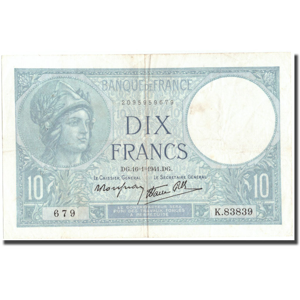 France, 10 Francs, 10 F 1916-1942 ''Minerve'', 1941, 1941-01-16, EF(40-45)