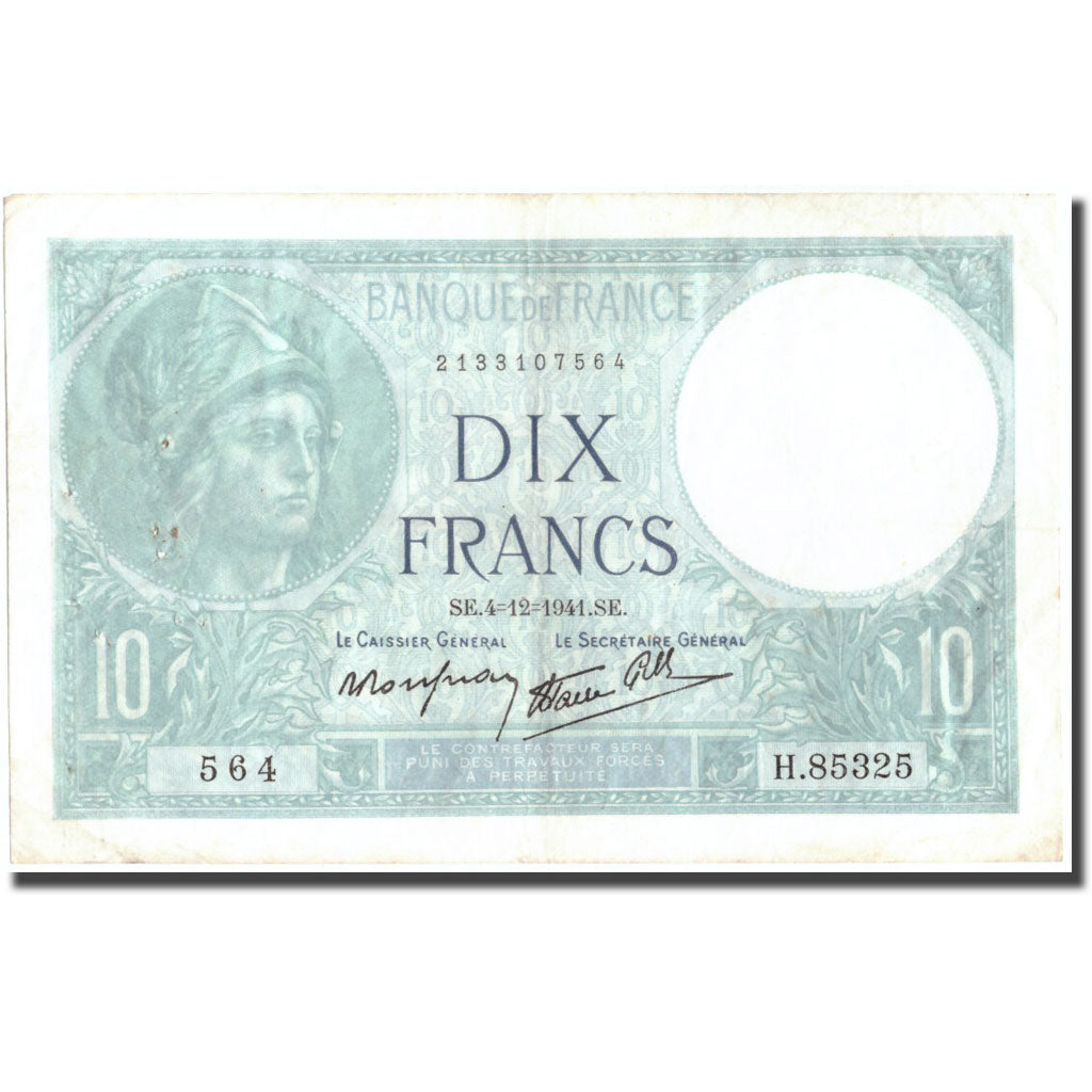 France, 10 Francs, 10 F 1916-1942 ''Minerve'', 1941, 1941-12-04, VF(30-35)