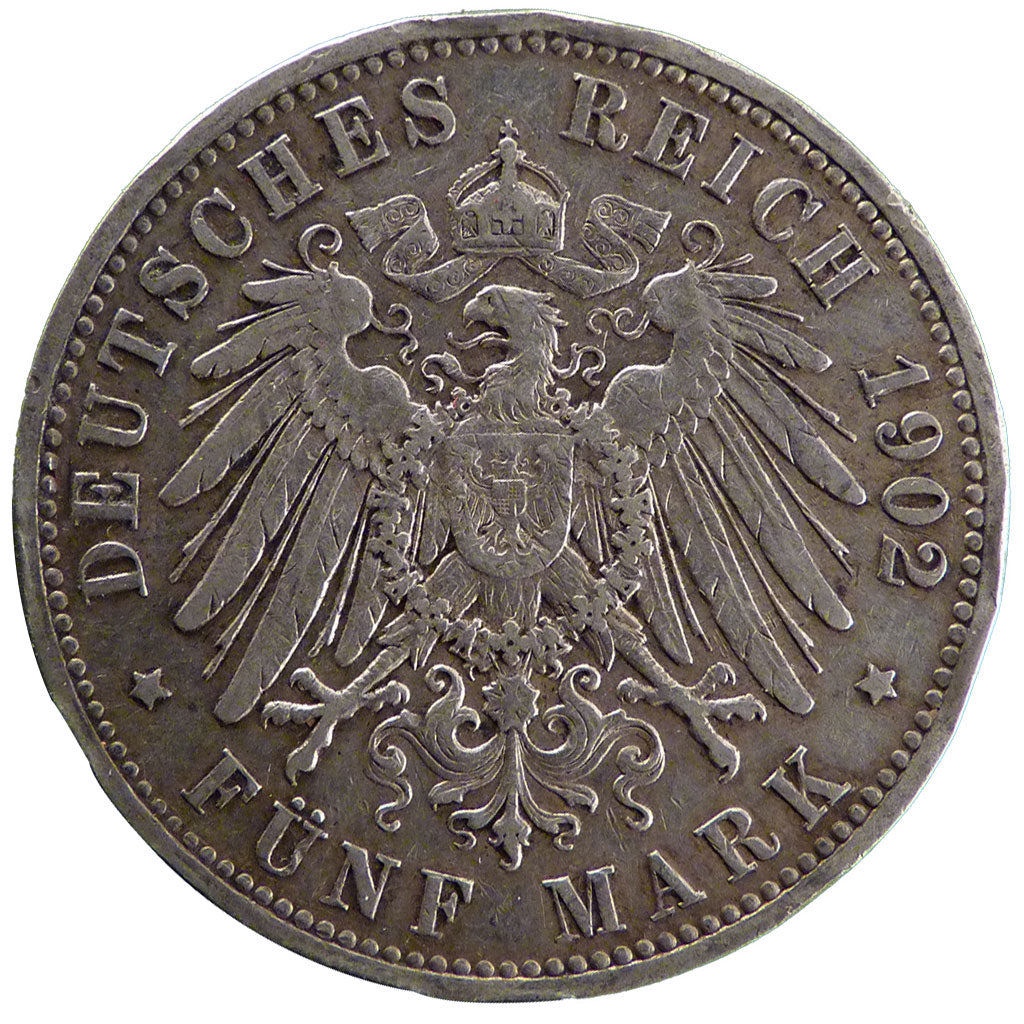 GERMAN STATES, 5 Mark, 1902, Berlin, KM #523, EF(40-45), Silver, 38, 27.60
