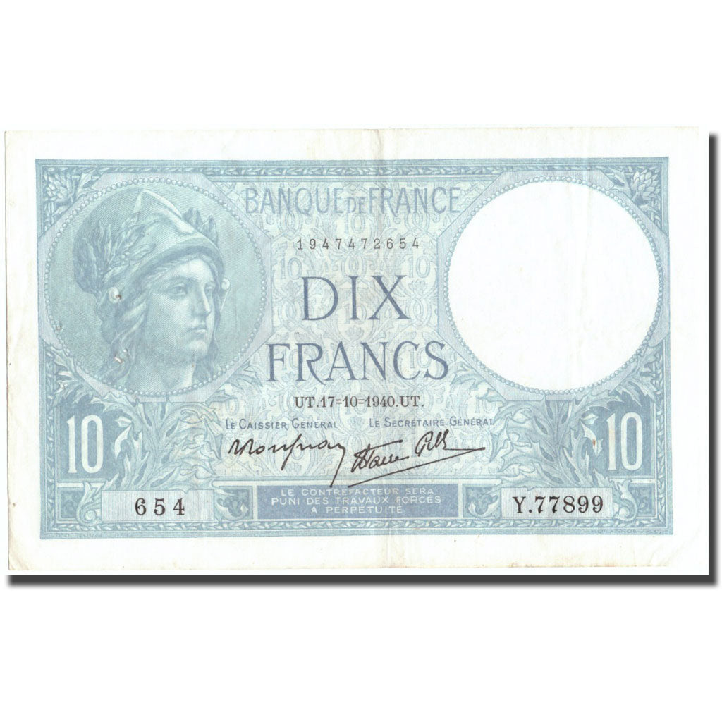 Frankrijk, 10 Francs, 10 F 1916-1942 ''Minerve'', 1940, 1940-10-17, TTB