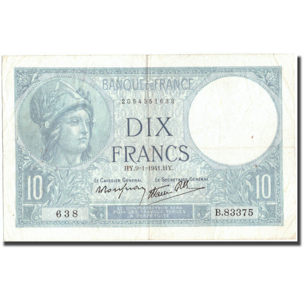 France, 10 Francs, 10 F 1916-1942 ''Minerve'', 1941, 1941-01-09, VF(30-35)