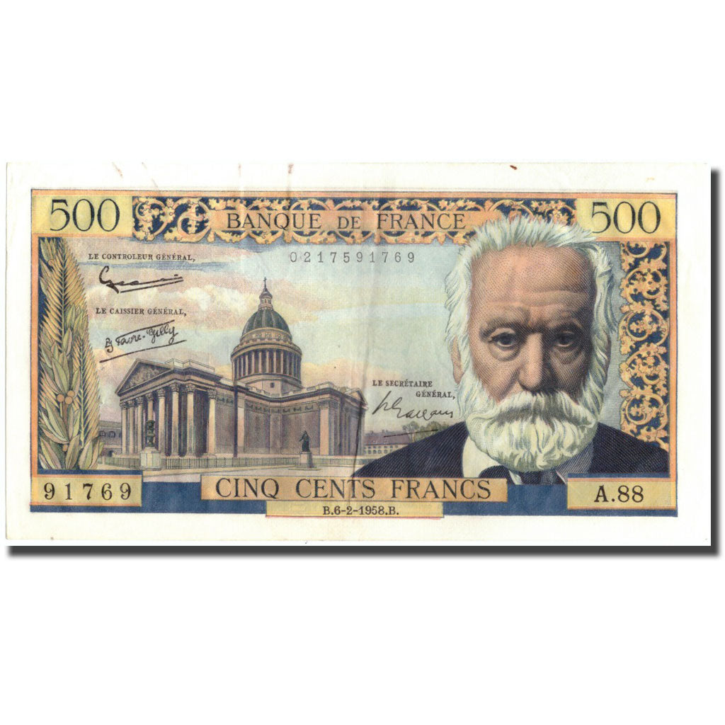 Francja, 500 Francs, Victor Hugo, 1958, 1958-02-06, AU(50-53), Fayette:35.8