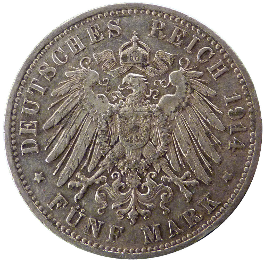 GERMAN STATES, 5 Mark, 1914, Berlin, KM #536, AU(50-53), Silver, 38, 27.70