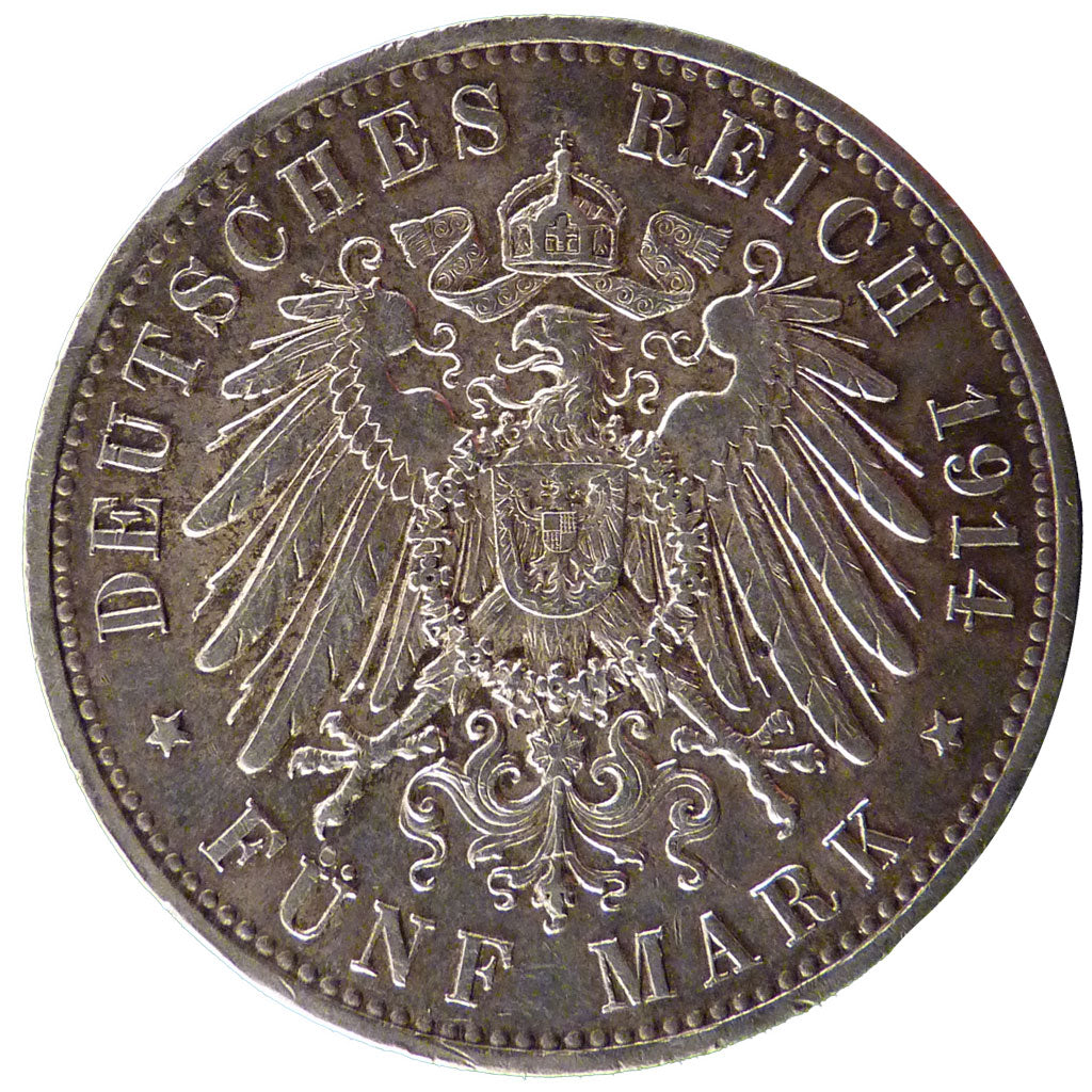 German States, 5 Mark, 1914, Berlin, KM #536, AU(55-58), Silver, 38, 27.80