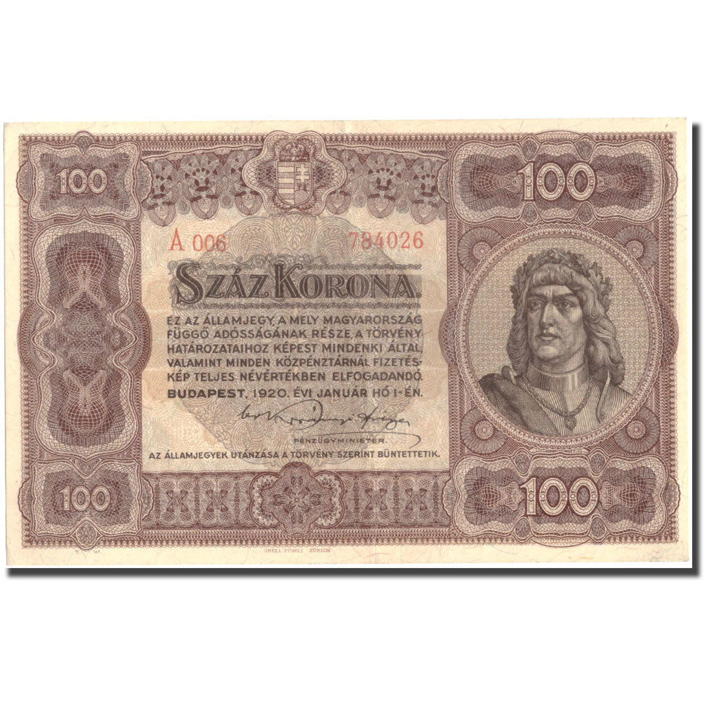 Banknote, Hungary, 100 Korona, 1920, 1920-01-01, KM:63, UNC(60-62)