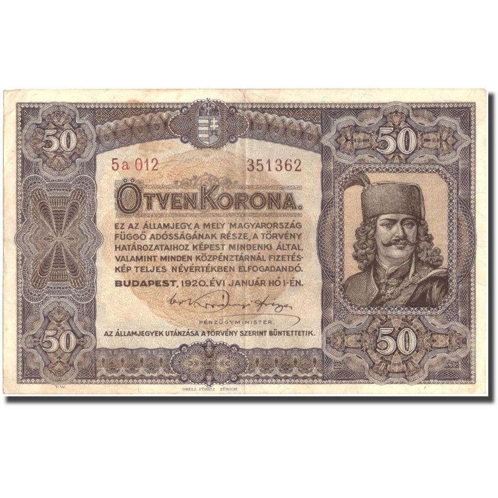 Banknote, Hungary, 50 Korona, 1920, 1920-01-01, KM:62, AU(50-53)