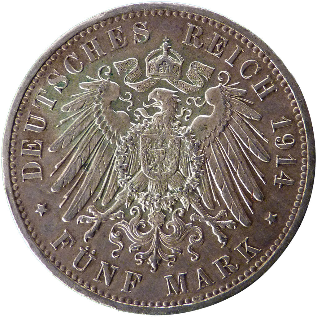 GERMAN STATES, 5 Mark, 1914, Berlin, KM #536, AU(50-53), Silver, 38, 27.70
