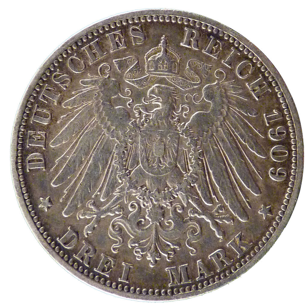 German States, 3 Mark, 1909, Berlin, KM #527, EF(40-45), Silver, 33, 16.60