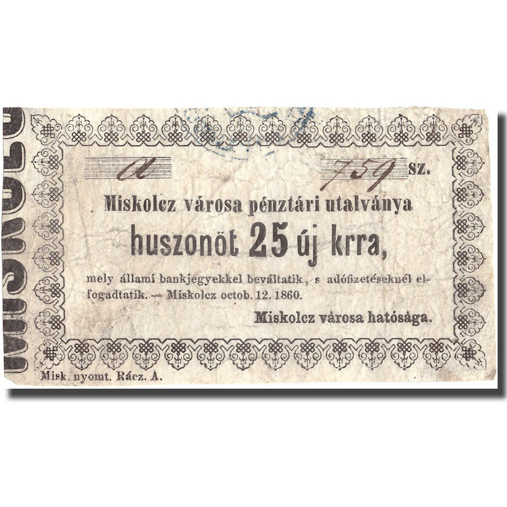 Banknote, Hungary, 25 Kroner, 1860, 1860-10-12, VF(30-35)