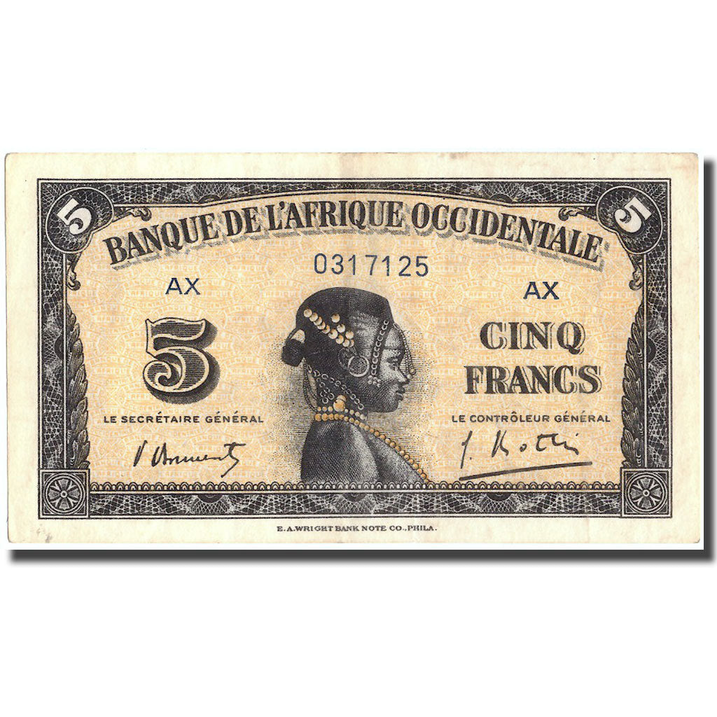 Billet, French West Africa, 5 Francs, 1942, 1942-12-14, KM:28b, SUP