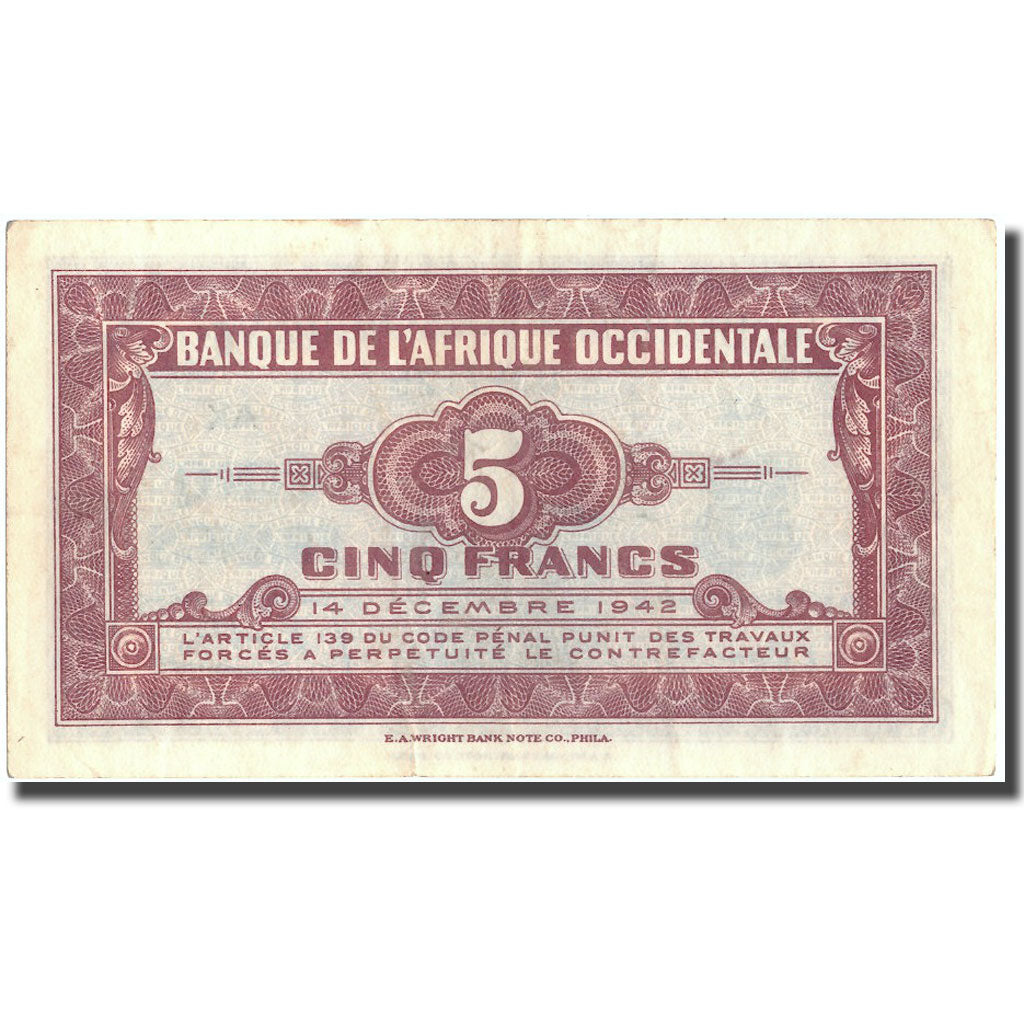 Billet, French West Africa, 5 Francs, 1942, 1942-12-14, KM:28b, SUP