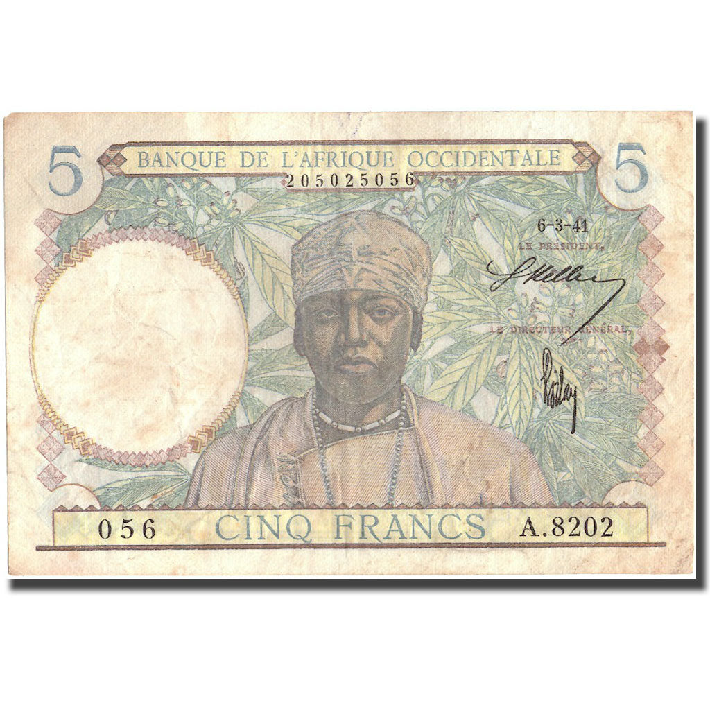 Banknote, French West Africa, 5 Francs, 1941, 1941-03-06, KM:25, VF(20-25)