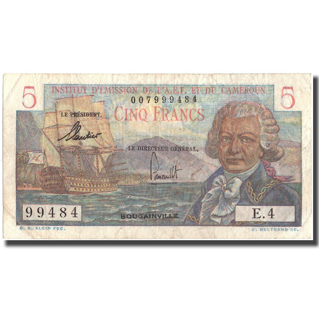 Banconote, Africa equatoriale francese, 5 Francs, undated (1957), KM:28, MB+