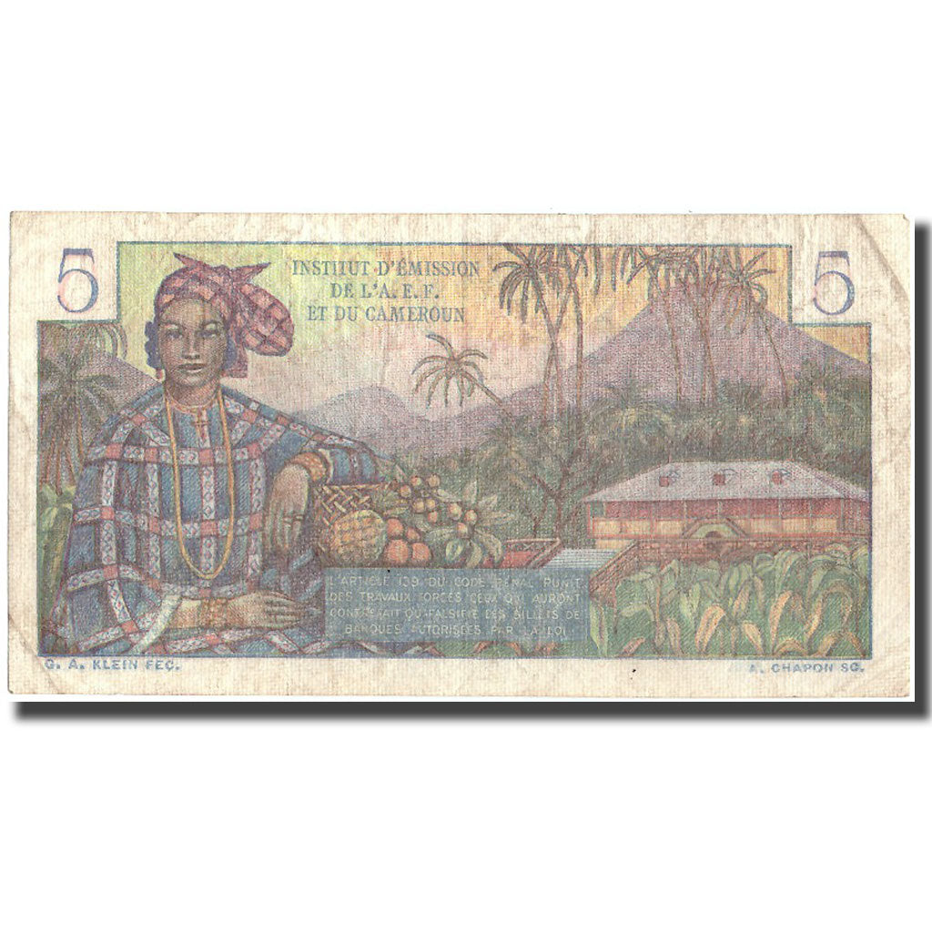 Banconote, Africa equatoriale francese, 5 Francs, undated (1957), KM:28, MB+