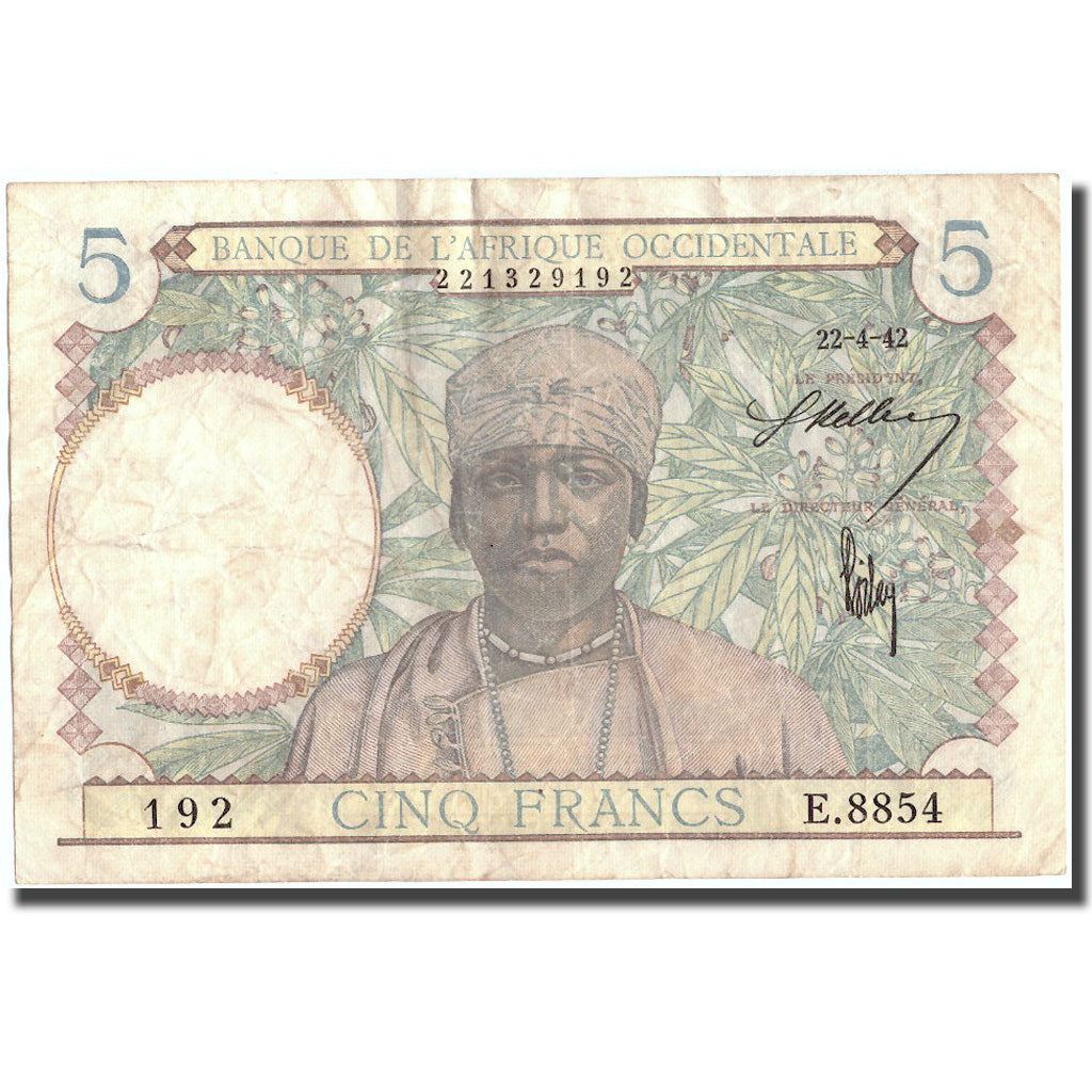 Billet, French West Africa, 5 Francs, 1942, 1942-04-22, KM:25, TB