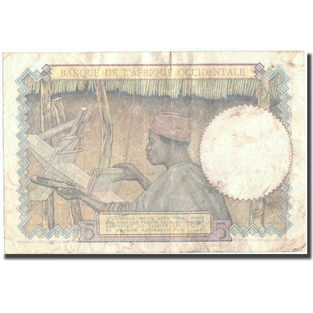 Billet, French West Africa, 5 Francs, 1942, 1942-04-22, KM:25, TB
