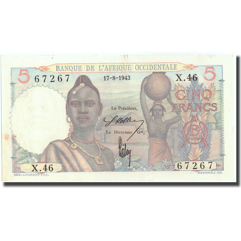 Banknote, French West Africa, 5 Francs, 1943, 1943-08-17, KM:36, UNC(63)
