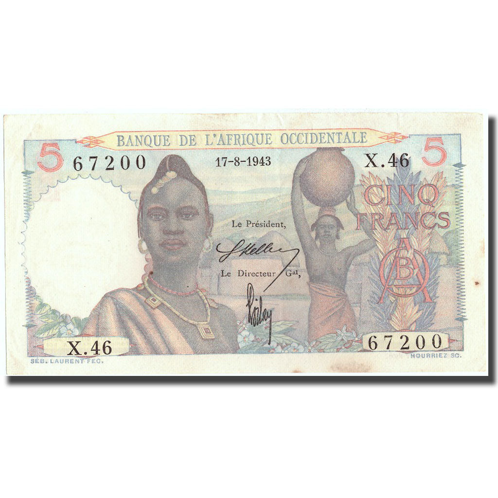 Banknot, Francuska Afryka Zachodnia, 5 Francs, 1943, 1943-08-17, KM:36