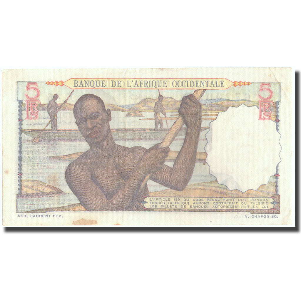 Banknot, Francuska Afryka Zachodnia, 5 Francs, 1943, 1943-08-17, KM:36