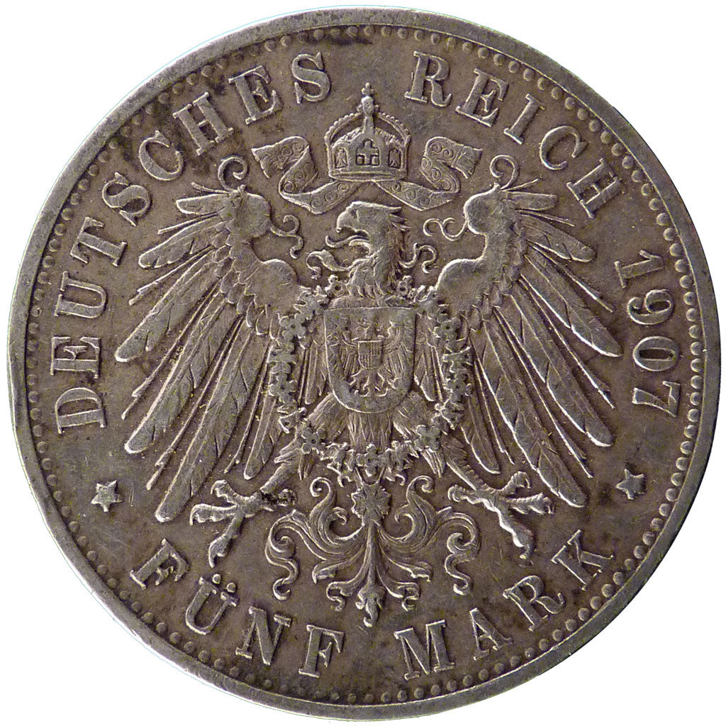 GERMAN STATES, 5 Mark, 1907, Freudenstadt, KM #632, AU(50-53), Silver, 38, 27.60