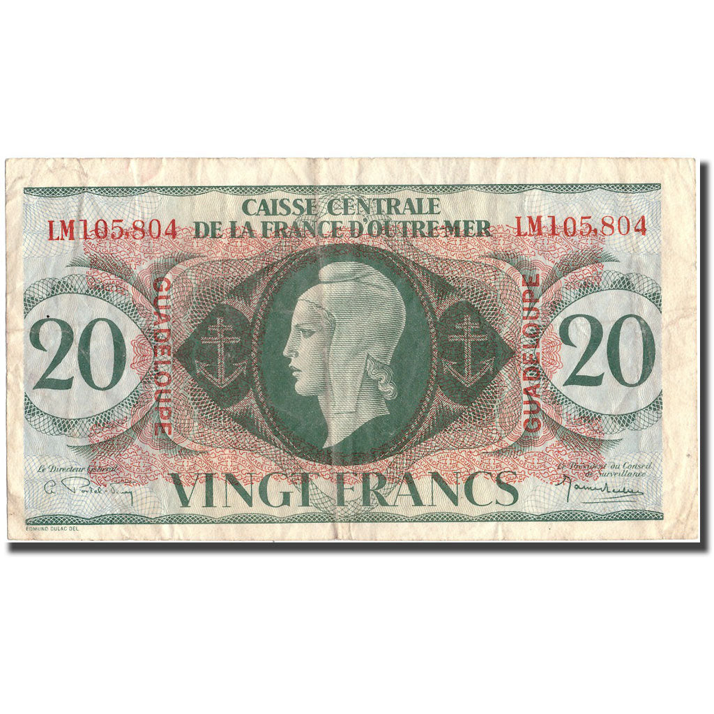 Guadeloupe, 20 Francs, 1944, 1944-02-02, EF(40-45), KM:28a