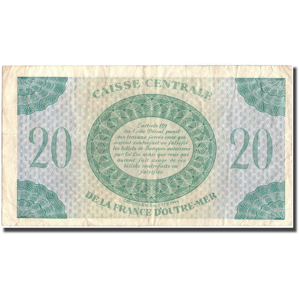 Guadeloupe, 20 Francs, 1944, 1944-02-02, EF(40-45), KM:28a