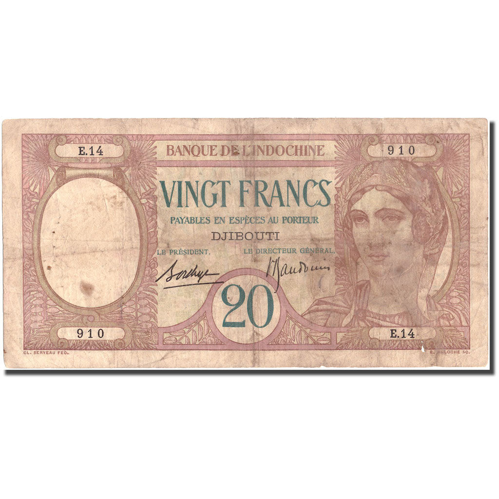 Banknote, French Somaliland, 20 Francs, UNDATED (1924), KM:7a, VF(20-25)