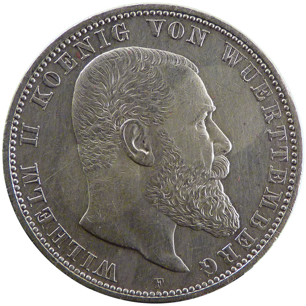 Stati tedeschi, WURTTEMBERG, Wilhelm II, 5 Mark, 1913, Freudenstadt, BB+, Arg...