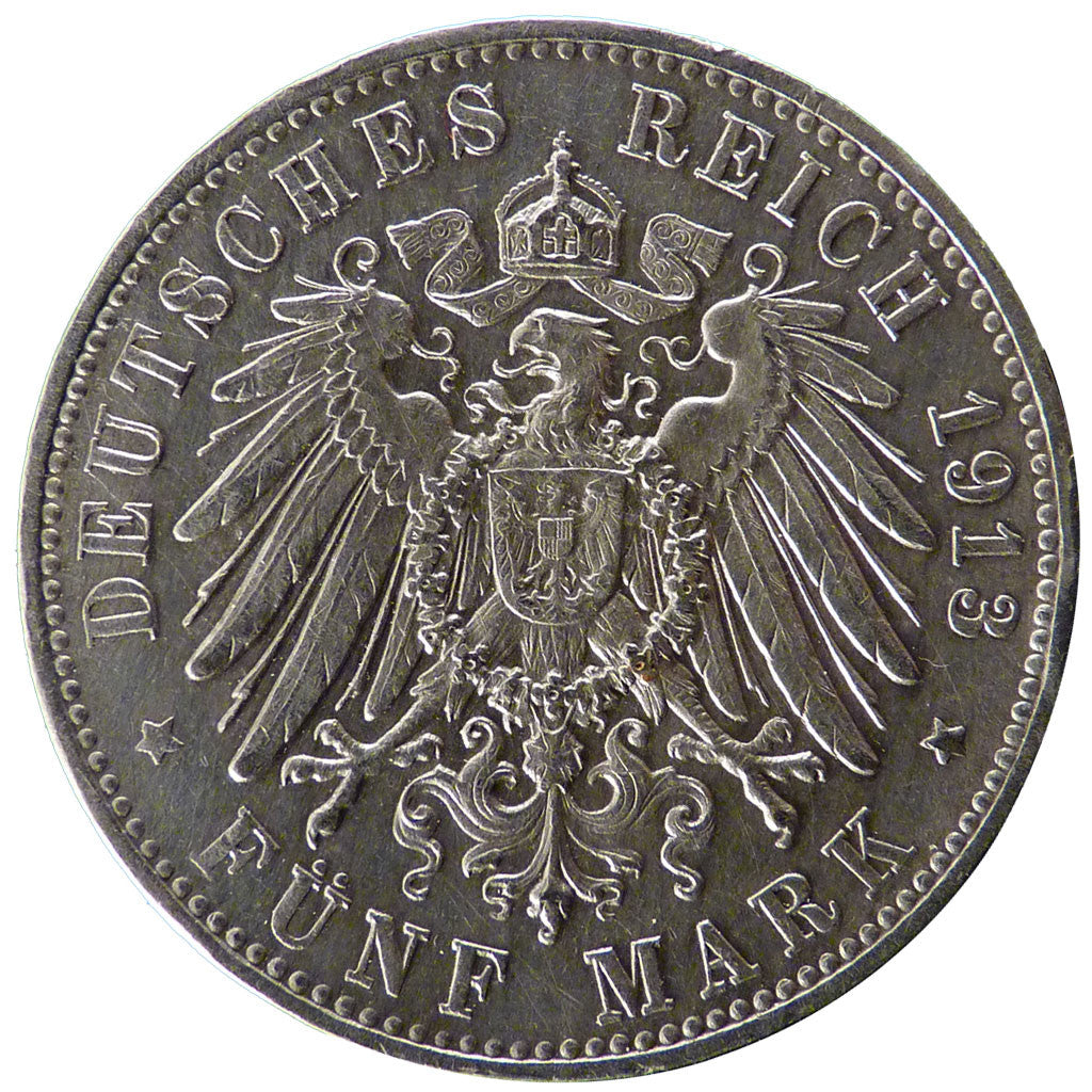 Stati tedeschi, WURTTEMBERG, Wilhelm II, 5 Mark, 1913, Freudenstadt, BB+, Arg...