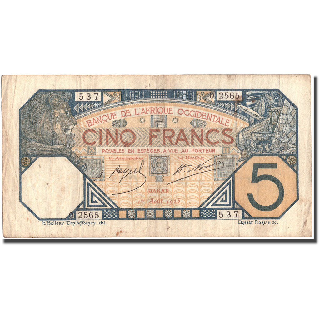 Banknote, French West Africa, 5 Francs, 1925, 1925-08-01, KM:5Bc, VF(20-25)