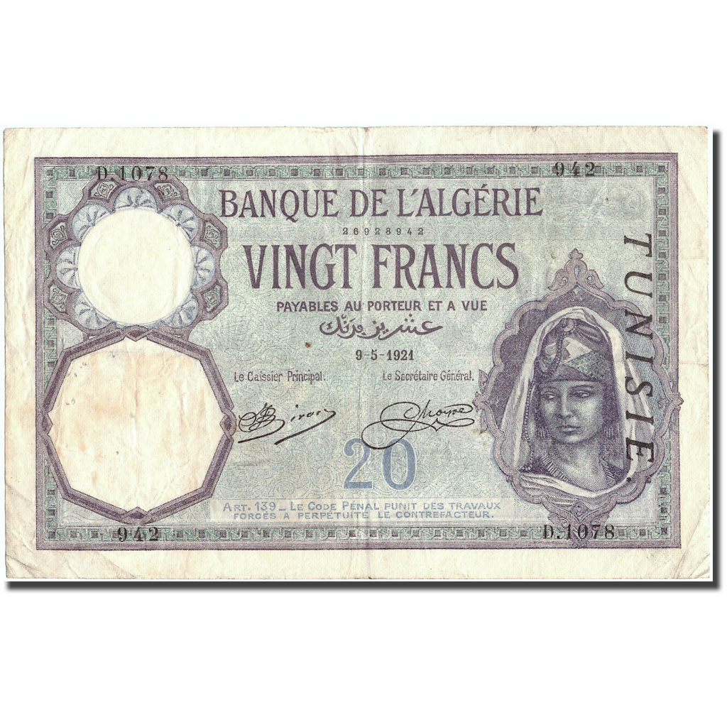 Banknote, Tunisia, 20 Francs, 1921, 1921-05-09, KM:6b, EF(40-45)