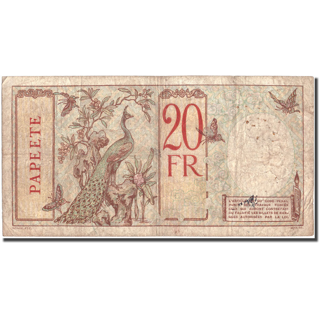 Banknote, Tahiti, 20 Francs, Undated (1928), KM:12a, VF(20-25)