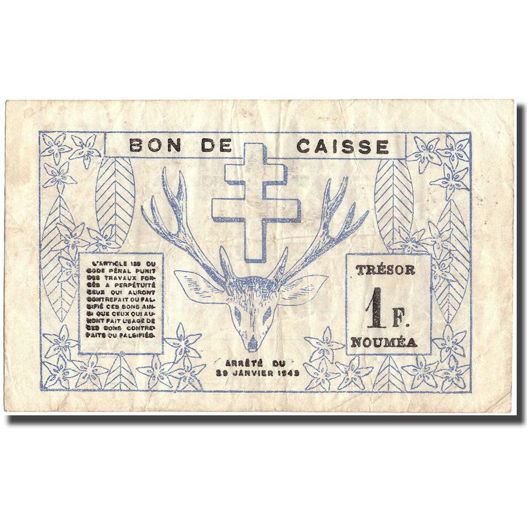 Banknote, New Caledonia, 1 Franc, 1943, 1943-03-29, KM:55a, VF(30-35)