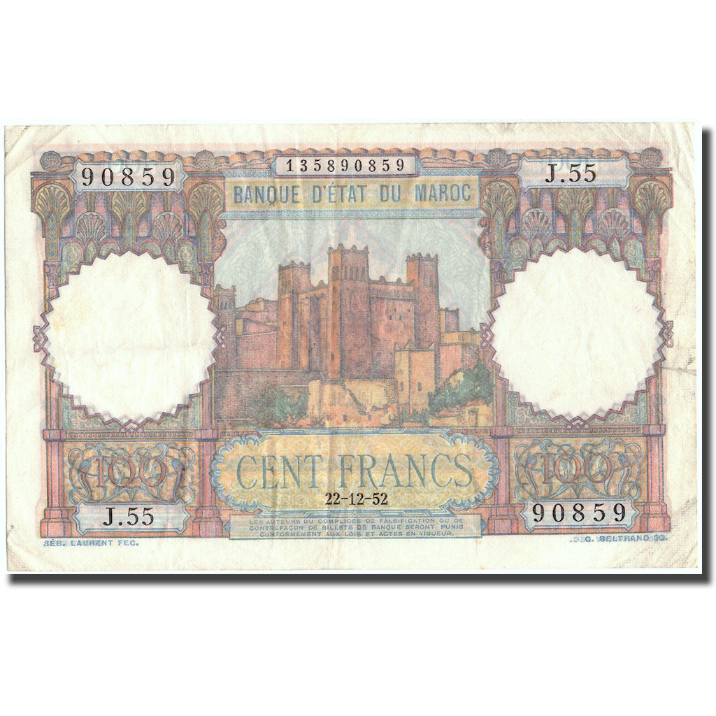 Banknote, Morocco, 100 Francs, 1952, 1952-12-22, KM:45, VF(30-35)