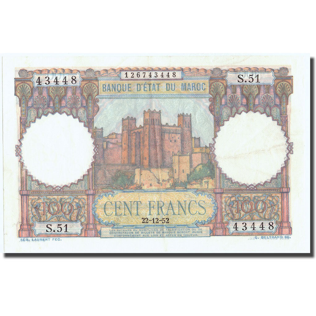 Banknote, Morocco, 100 Francs, 1952, 1952-12-22, KM:45, UNC(60-62)