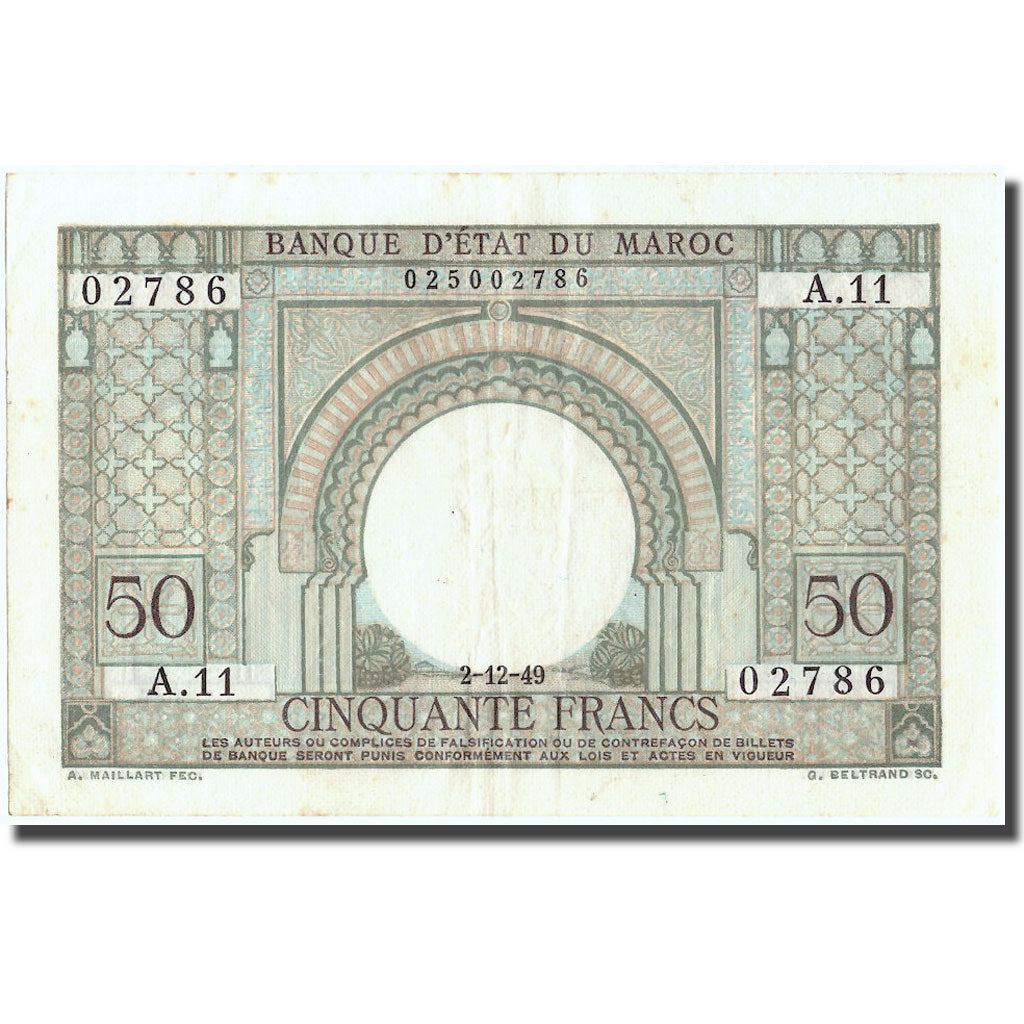 Banknote, Morocco, 50 Francs, 1949, 1949-12-02, KM:21, AU(55-58)