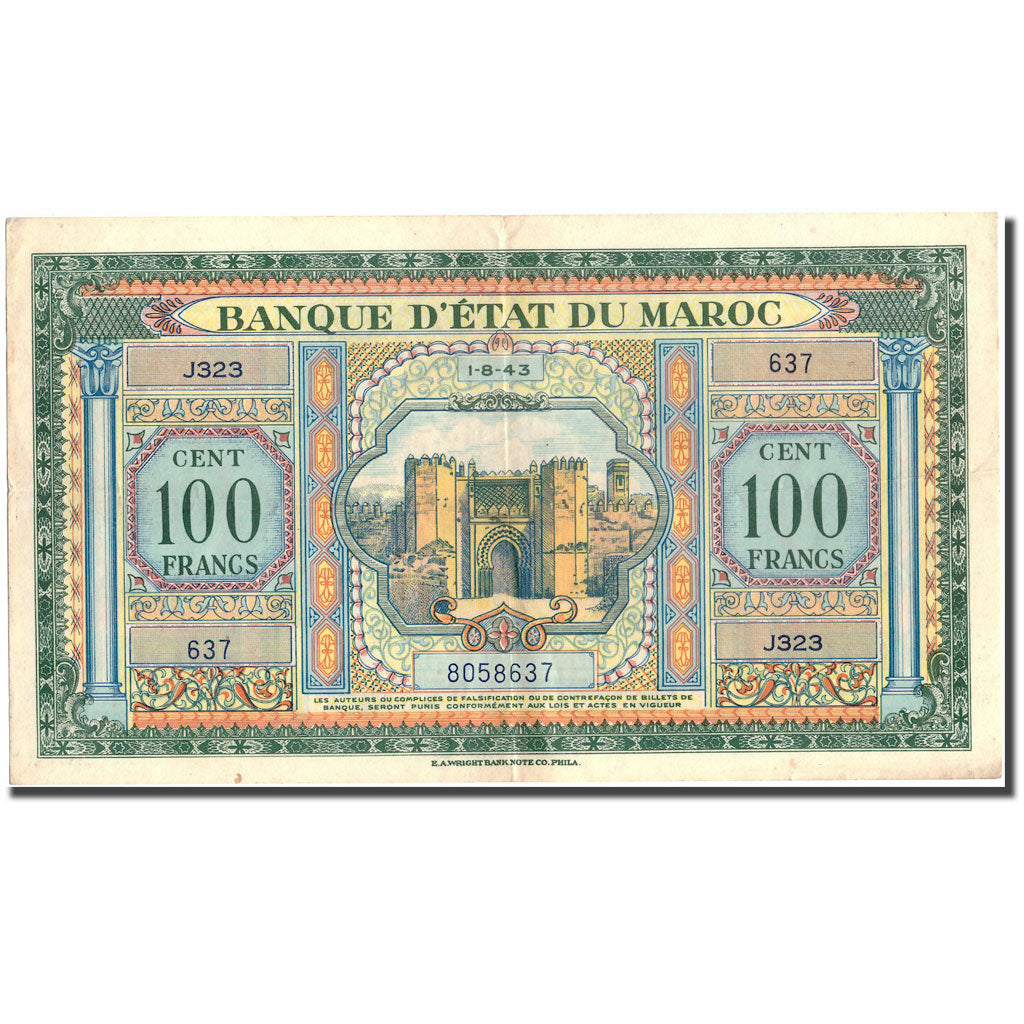 Banknote, Morocco, 100 Francs, 1943, 1943-08-01, KM:27A, AU(50-53)