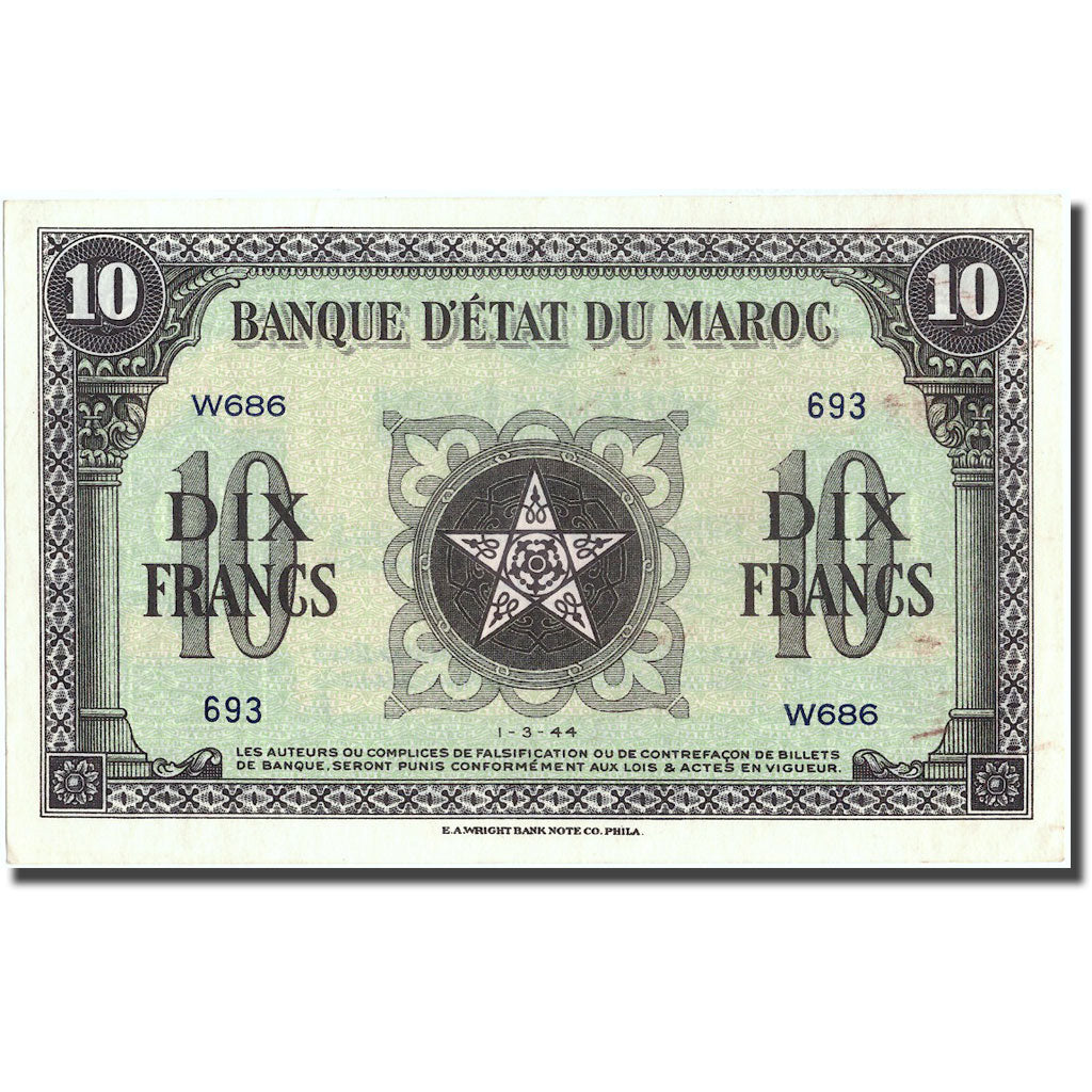 Banknote, Morocco, 10 Francs, 1944, 1944-03-01, KM:25a, AU(50-53)