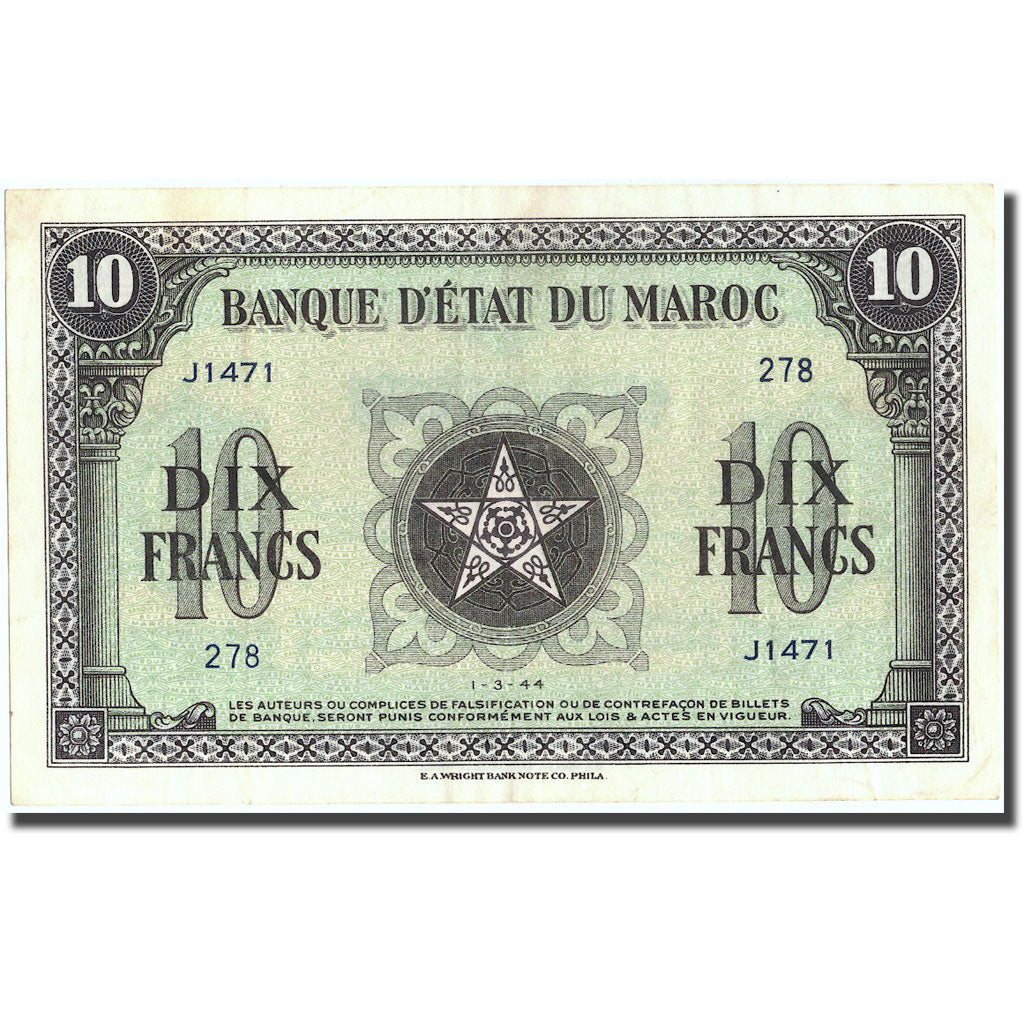 Banknote, Morocco, 10 Francs, 1944, 1944-03-01, KM:25a, AU(50-53)