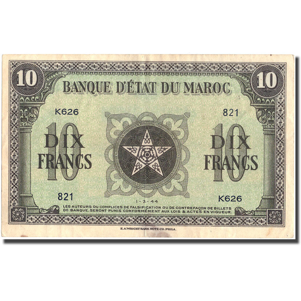 Banknote, Morocco, 10 Francs, 1944, 1944-03-01, KM:25a, EF(40-45)