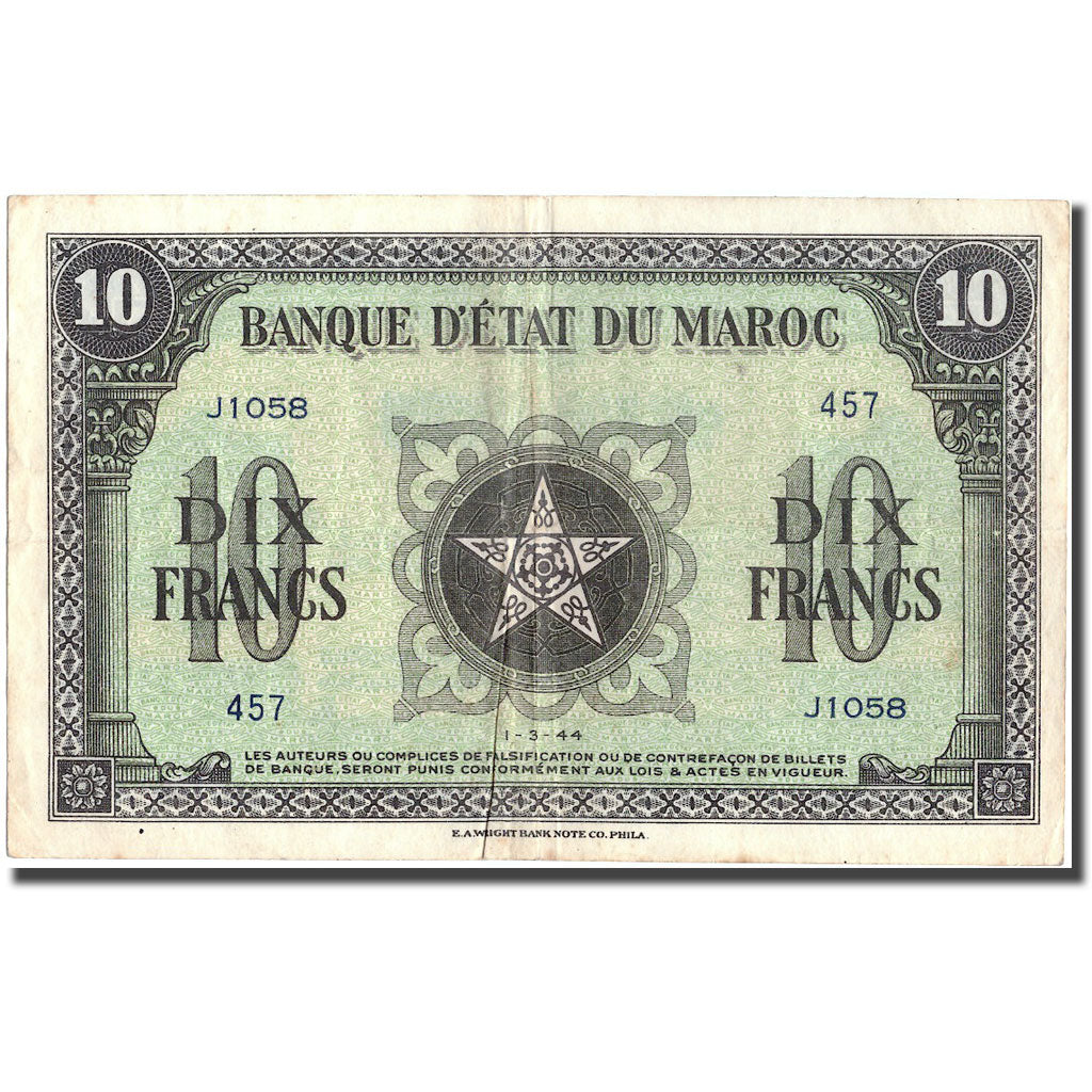 Banknote, Morocco, 10 Francs, 1944, 1944-03-01, KM:25a, EF(40-45)