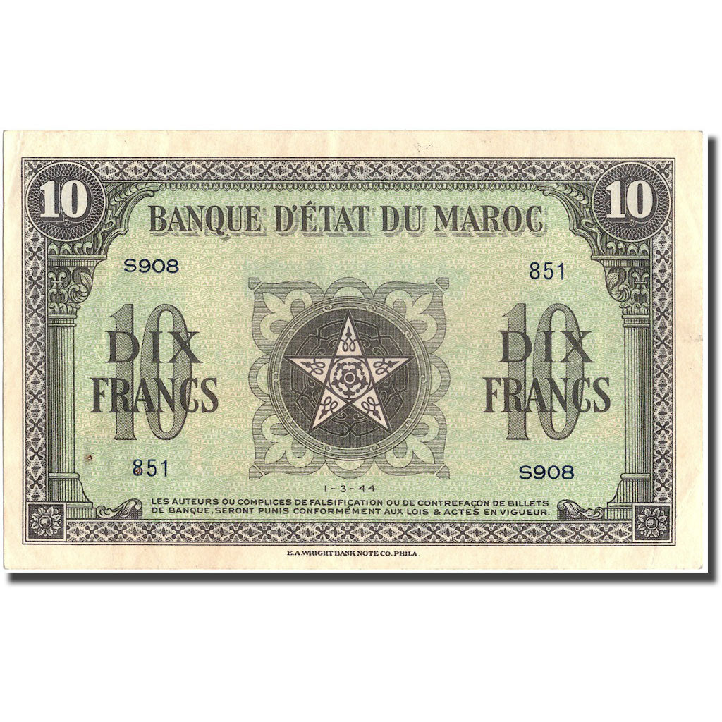 Banknote, Morocco, 10 Francs, 1944, 1944-03-01, KM:25a, EF(40-45)